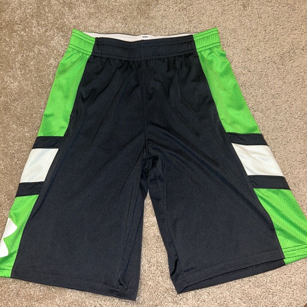New Under Armour Boys Shorts Youth Size L Grey Green Elastic Athletic